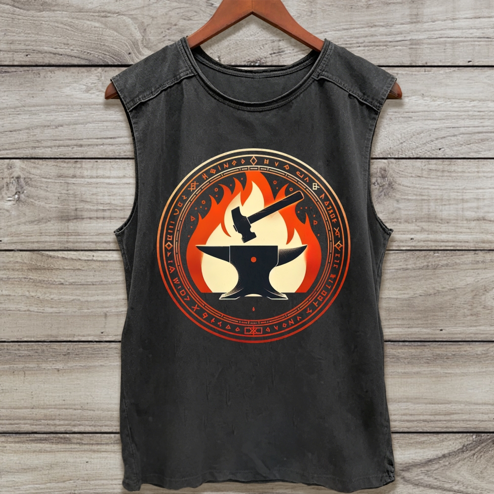 Nordic Rune Circle Forge Anvil Hammer Vintage Washed Tank Top 
