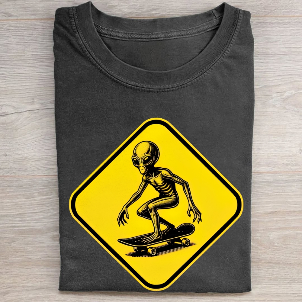 Alien Skateboard Crossing Warning Sign Retro Vintage Washed Tee