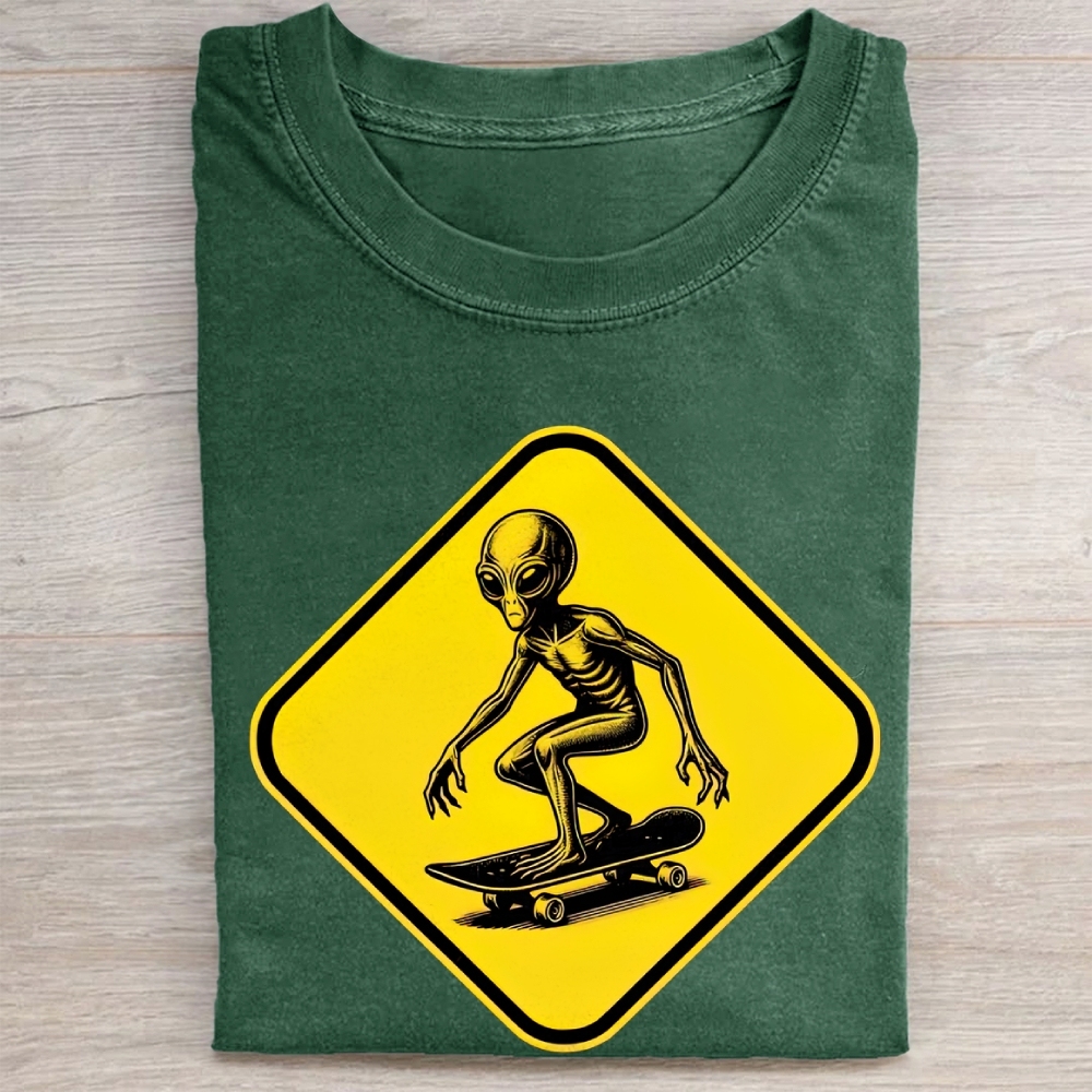 Alien Skateboard Crossing Warning Sign Retro Vintage Washed Tee