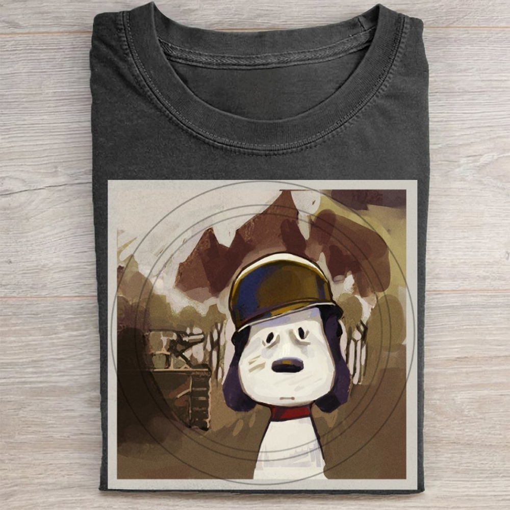 Cartoon Dog Soldier Graphic Vintage Washed Tee 