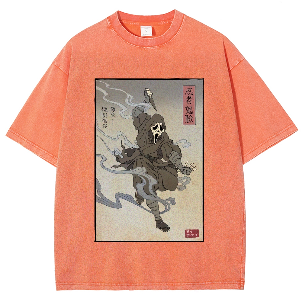 Japanese Ukiyo-e Ghost Mask Ninja Retro Washed T-Shirt