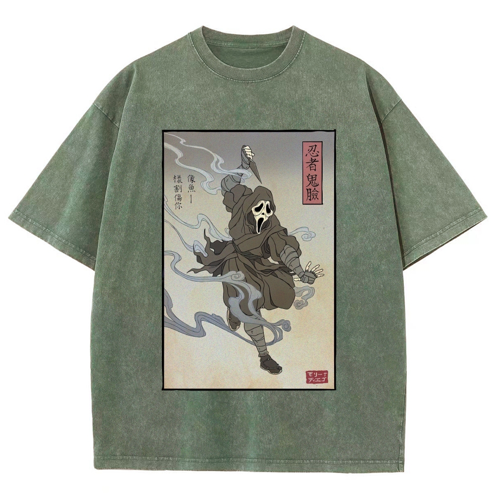 Japanese Ukiyo-e Ghost Mask Ninja Retro Washed T-Shirt