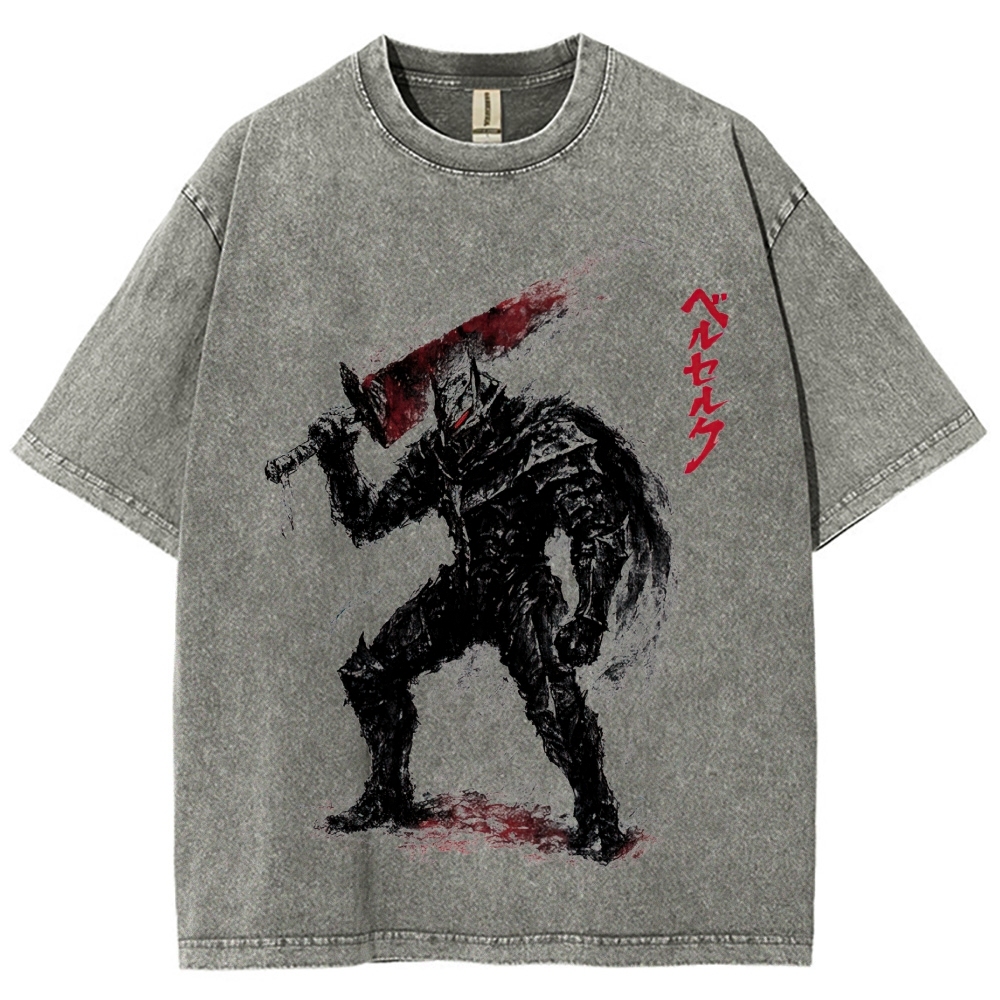 Chinese Ink Wash Armored Warrior Japanese Kanji Vintage Washed T-Shirt 