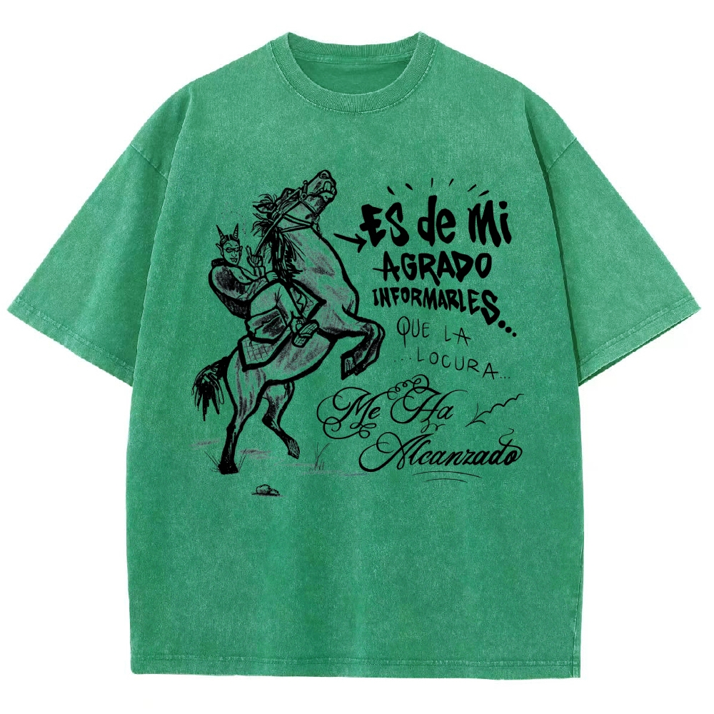 Vintage Black Sketch Demon On Horse Spanish Quote Washed T-Shirt
