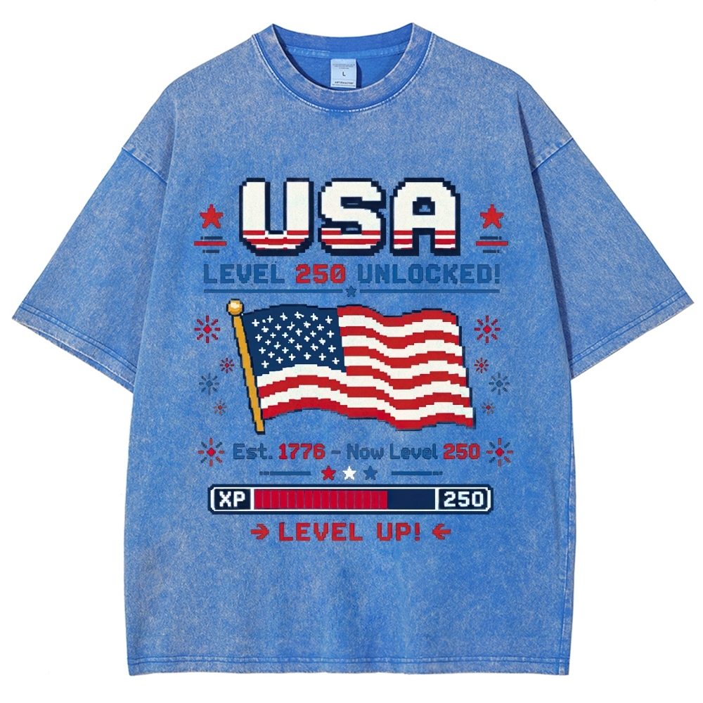  Retro Pixel USA Flag Game XP Level Up Vintage Washed T-Shirt