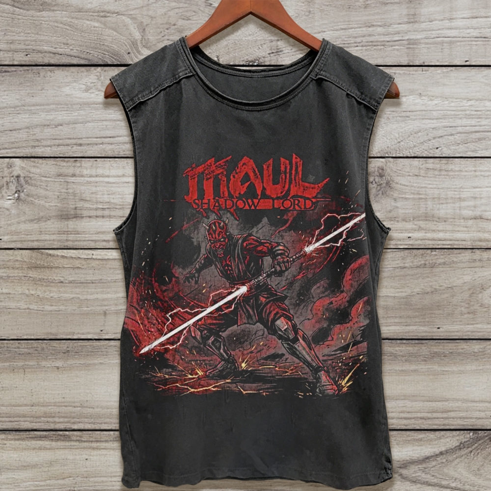 Red Dark Warrior Double Lightsaber Lightning Retro Sleeveless Washed Tank Top