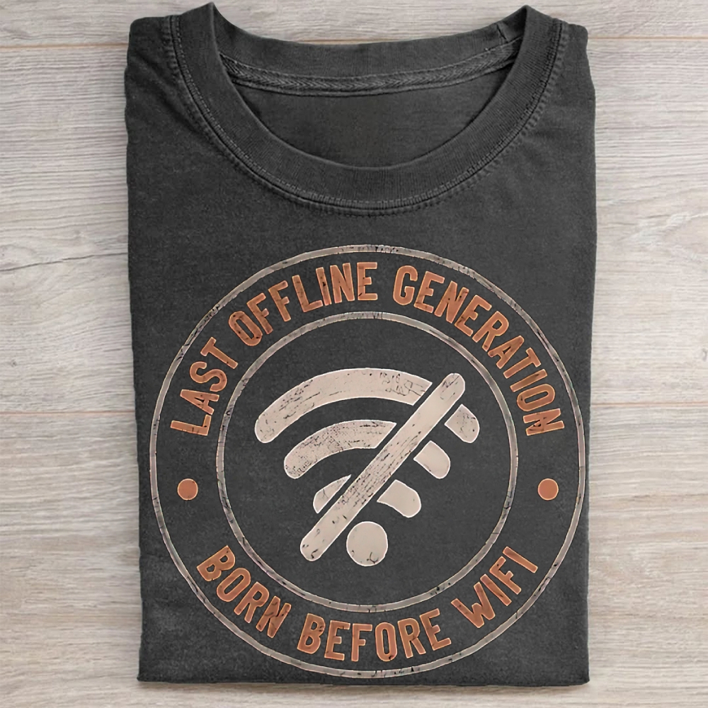  Vintage No-Wifi Mark Round Text Slogan Retro Vintage Washed Tee