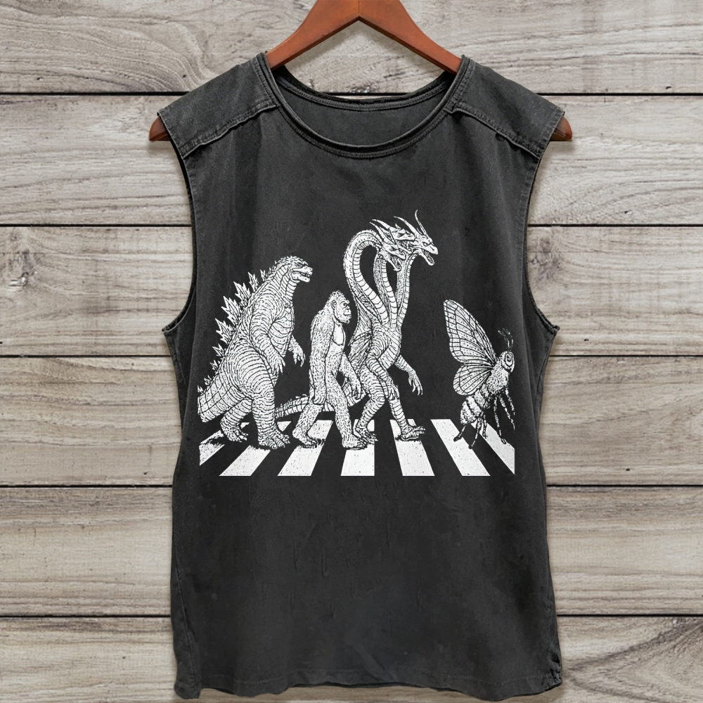  Retro Music Monster Crosswalk Parody Graphic Washed Tank Top 