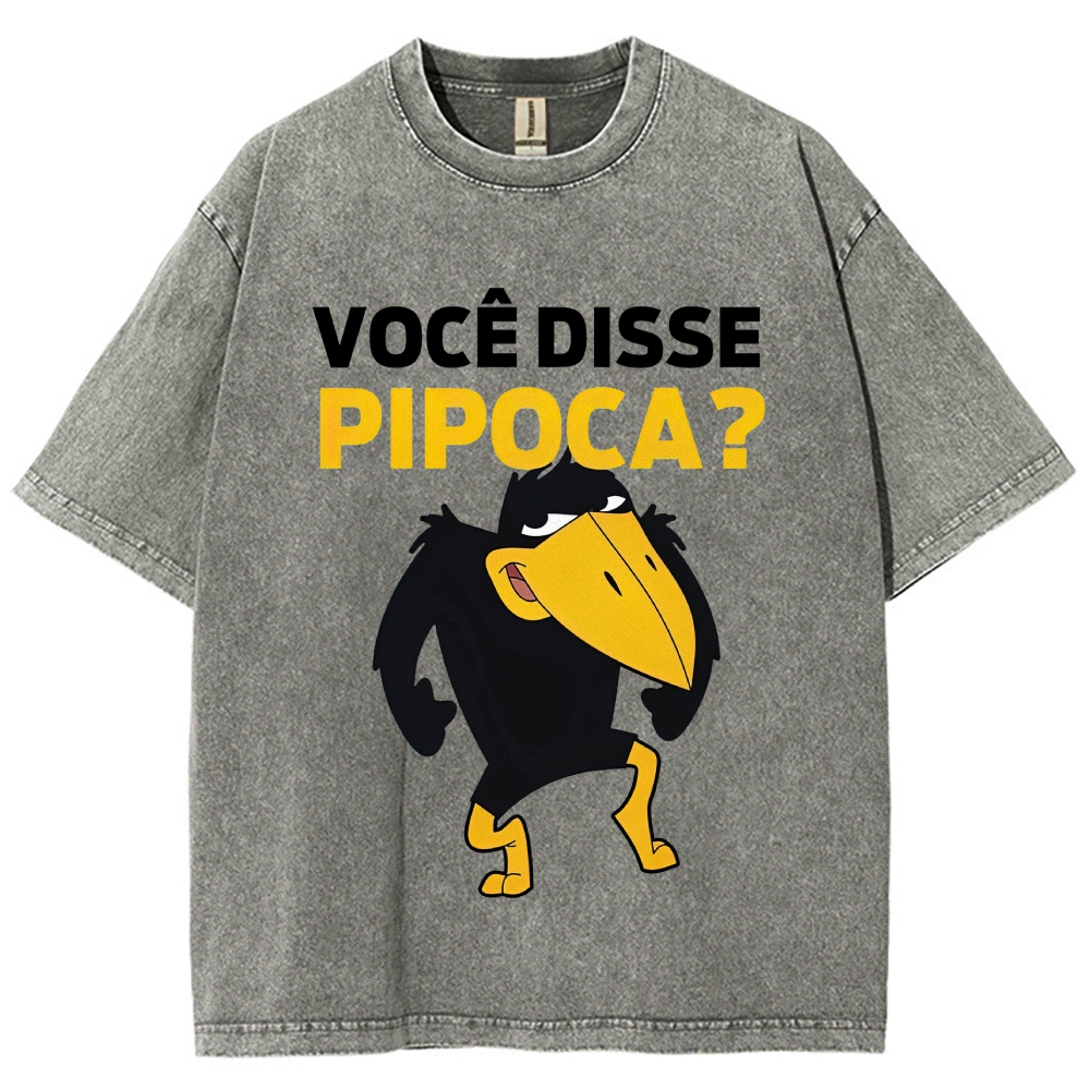 Popcorn Crow Cartoon Washed T-Shirt