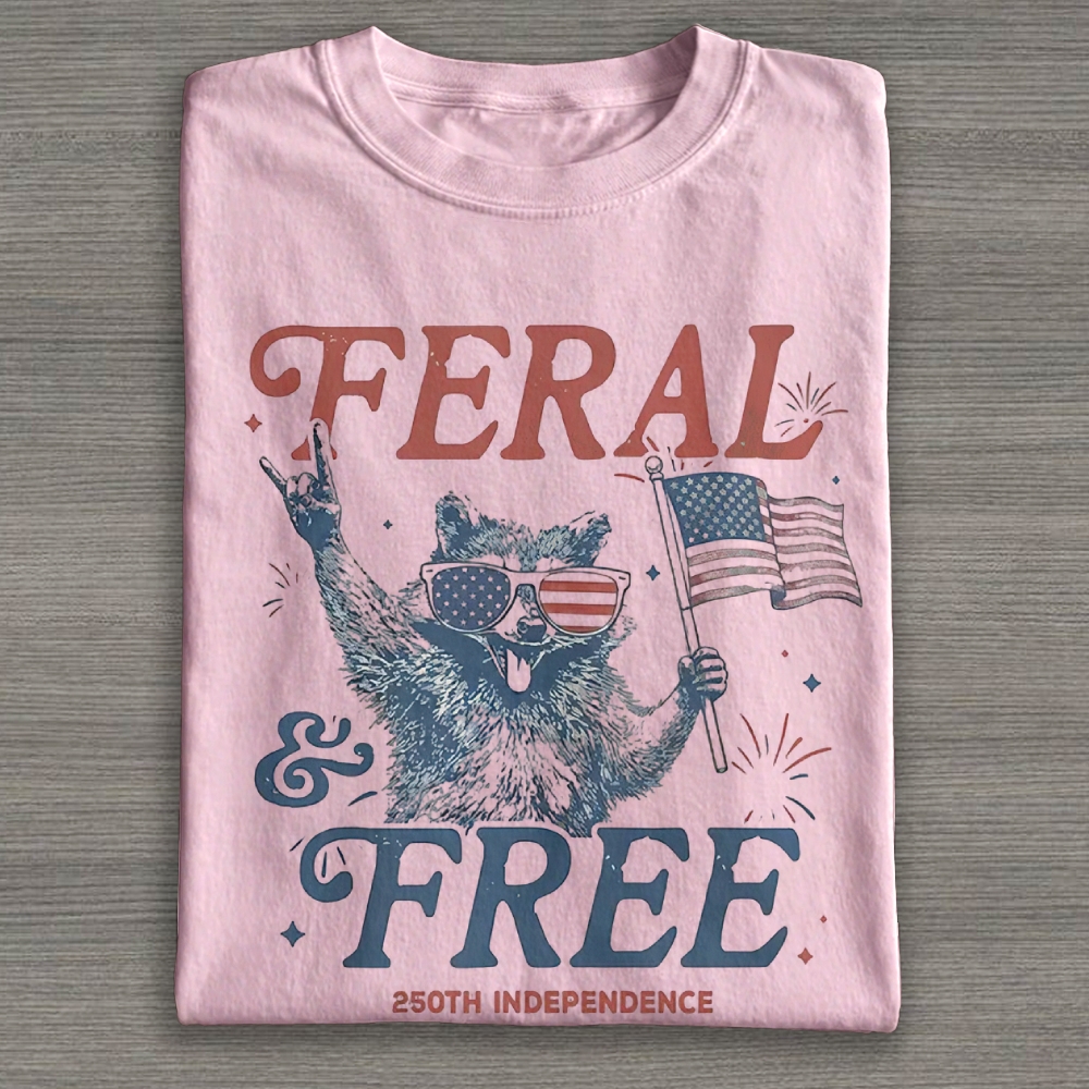 Feral & Free Funny Raccoon 4th of July Cotton T-shirt 