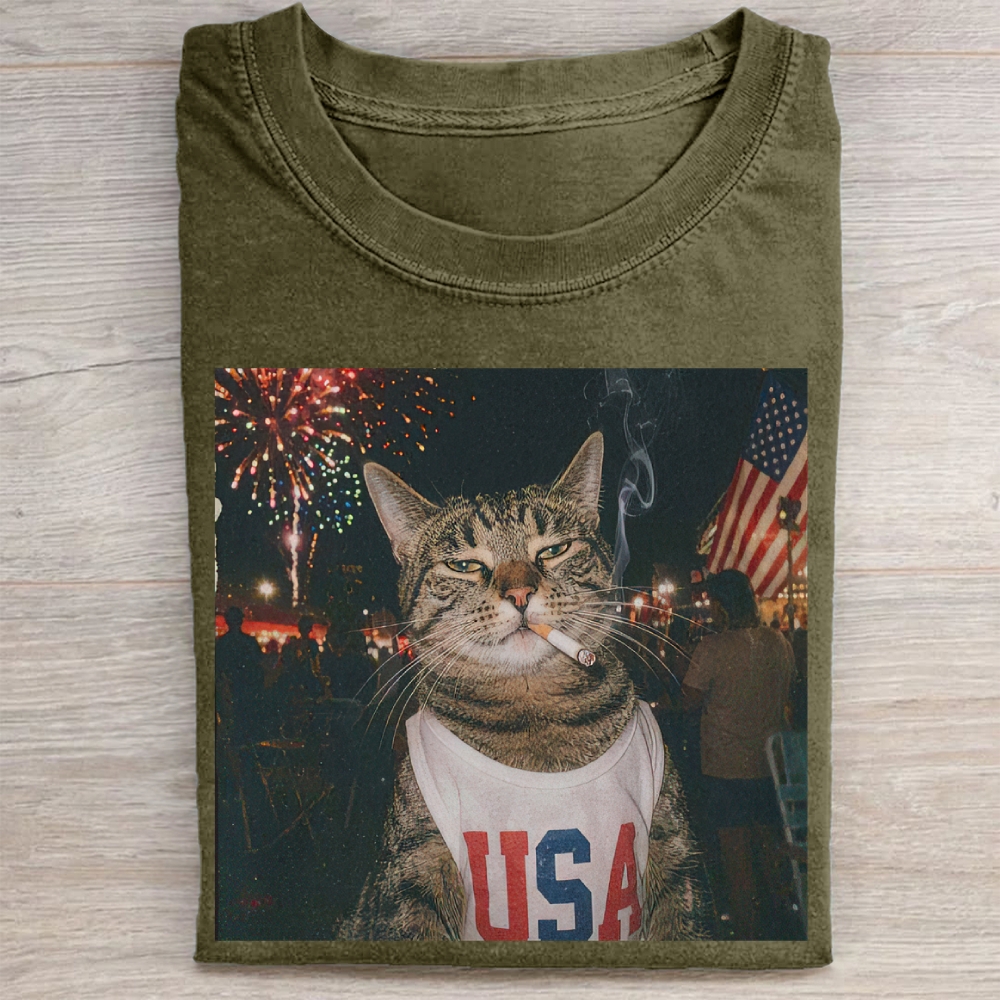 Patriotic Smoking Cat Washed Tee 