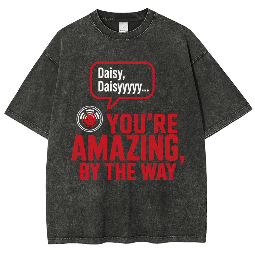 Retro Round Robot Face Classic Song Text Vintage Washed T-Shirt