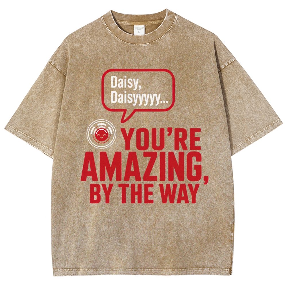 Retro Round Robot Face Classic Song Text Vintage Washed T-Shirt