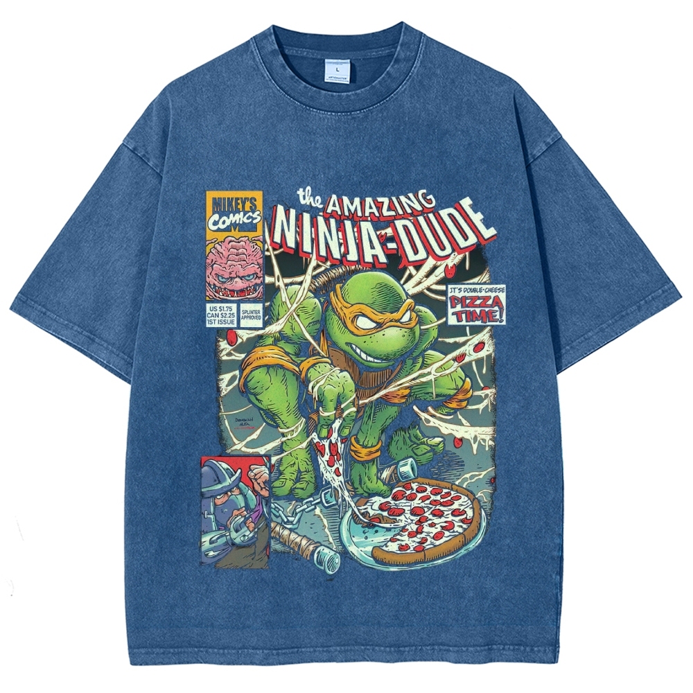Retro Comic Book Cover Pizza Loving Turtle Warrior Washed T-Shirt