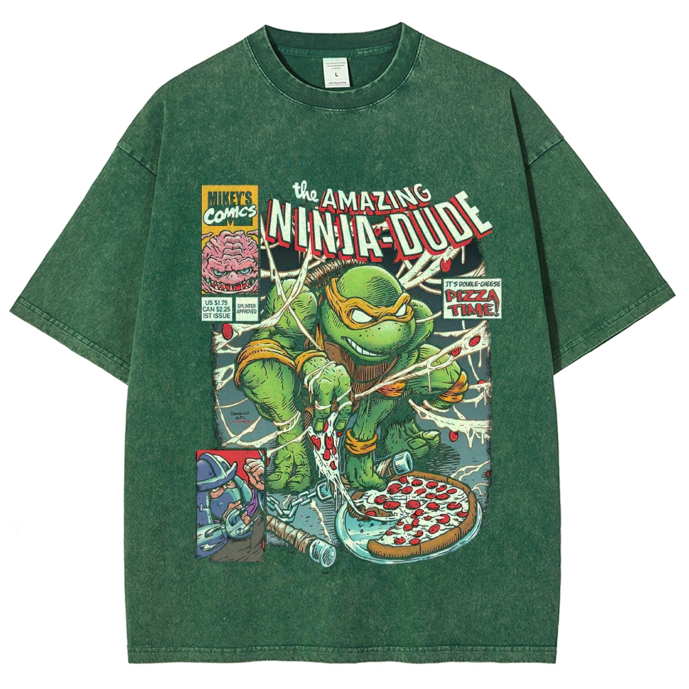 Retro Comic Book Cover Pizza Loving Turtle Warrior Washed T-Shirt