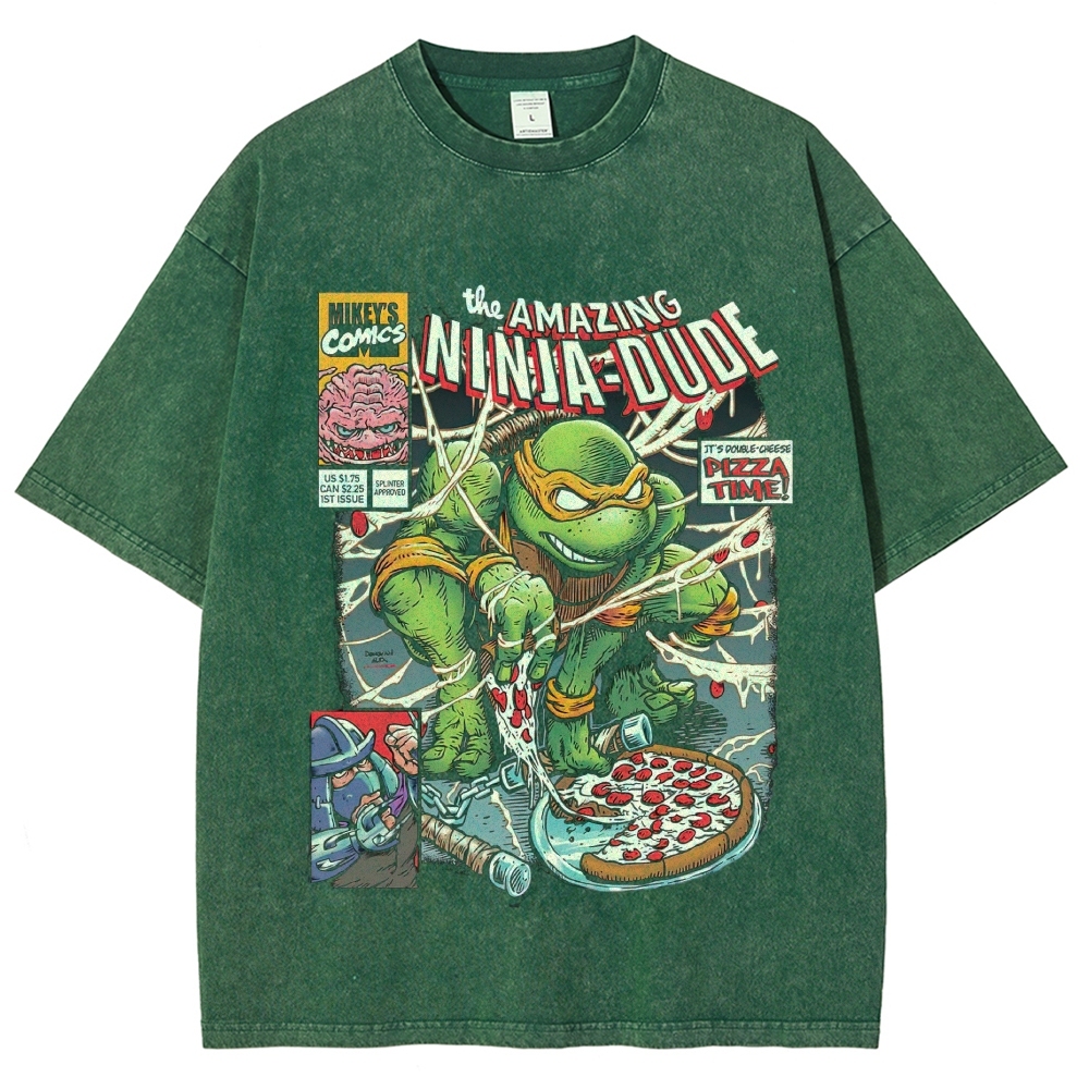 Retro Comic Book Cover Pizza Loving Turtle Warrior Washed T-Shirt