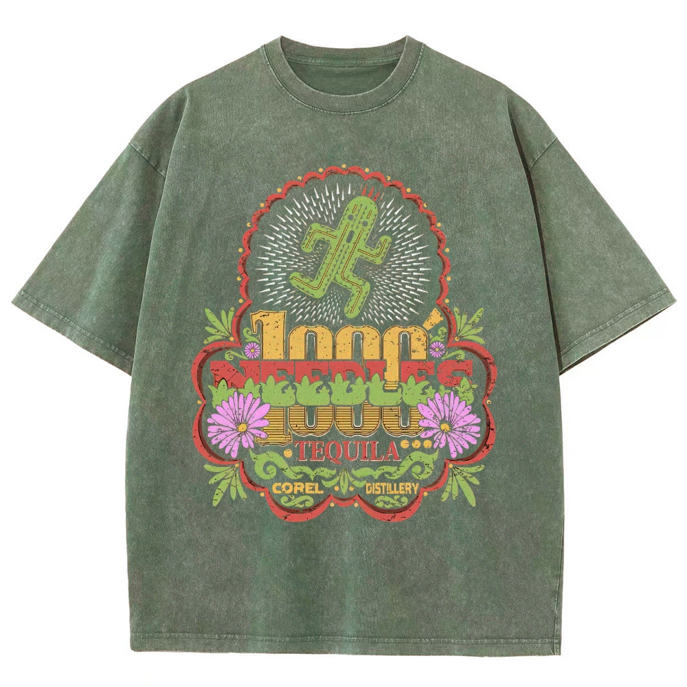 Mexican Folk Dancing Cactus Tequila Vintage Ornate Frame Washed T-Shirt