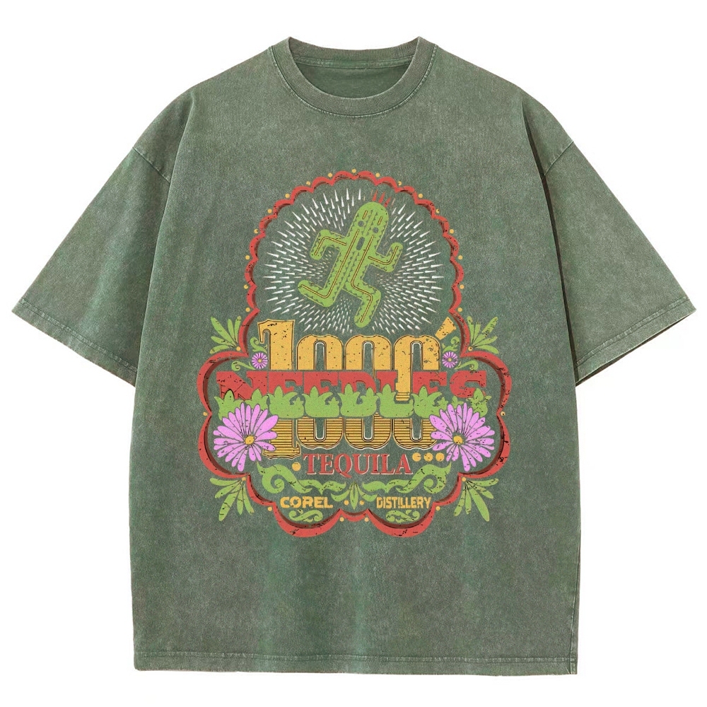 Mexican Folk Dancing Cactus Tequila Vintage Ornate Frame Washed T-Shirt