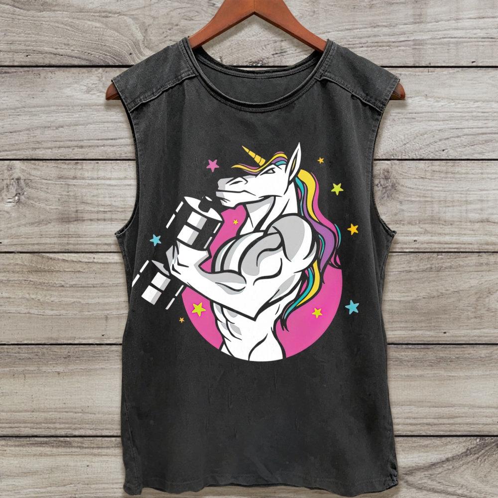 Muscular Gym Unicorn Dumbbell Color Star Washed Tank Top 