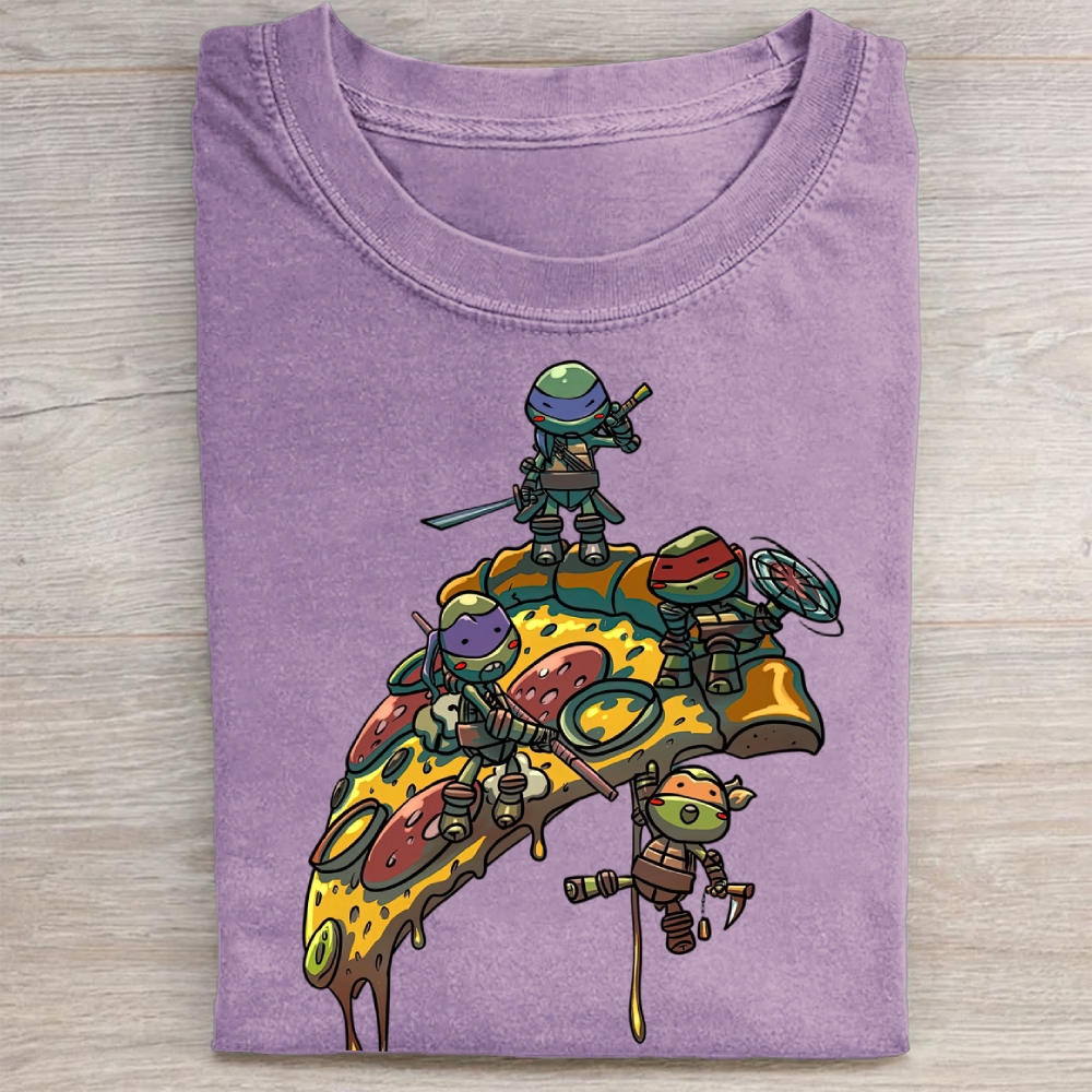 Cute Mini Turtle Warriors On Melting Pizza Vintage Washed Tee