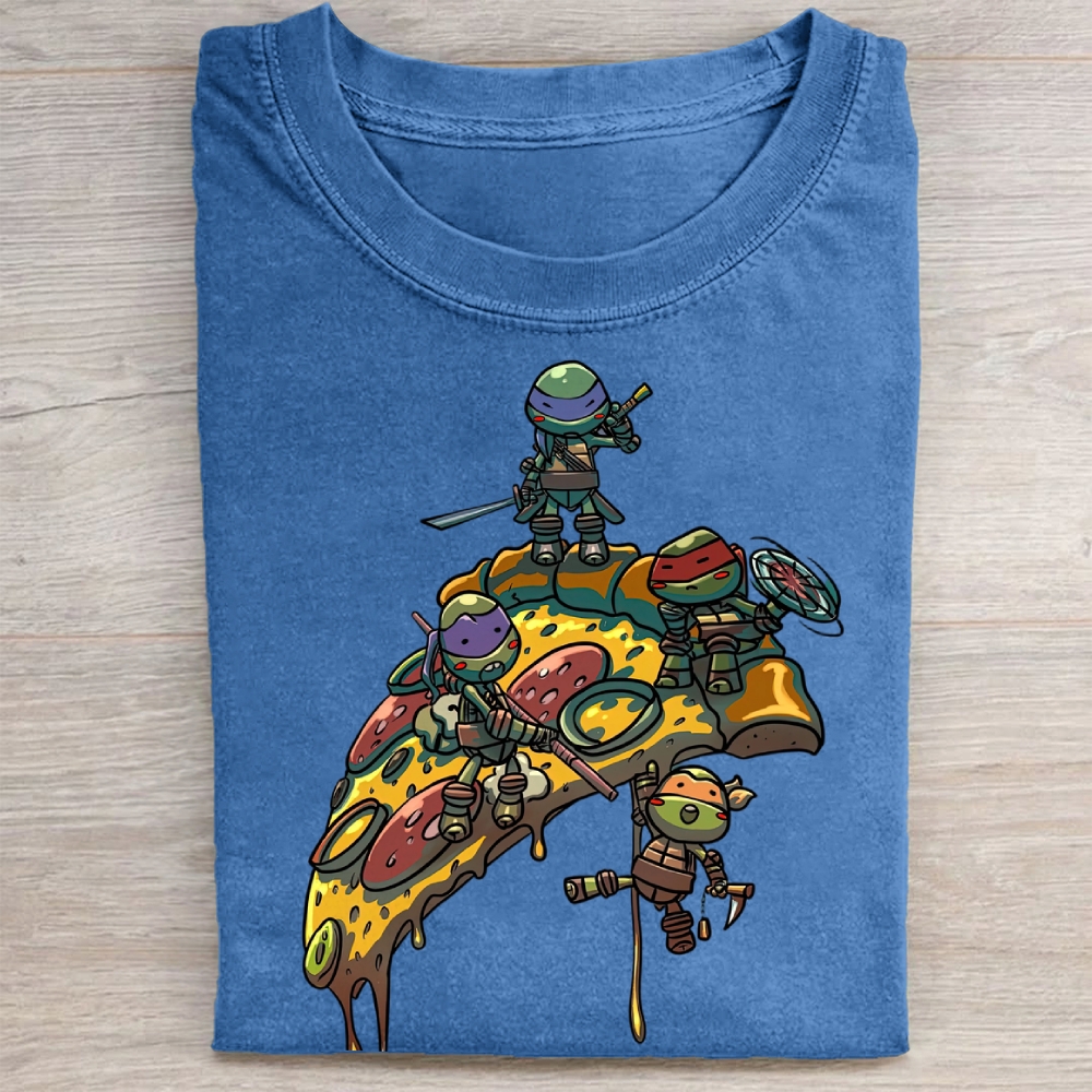 Cute Mini Turtle Warriors On Melting Pizza Vintage Washed Tee