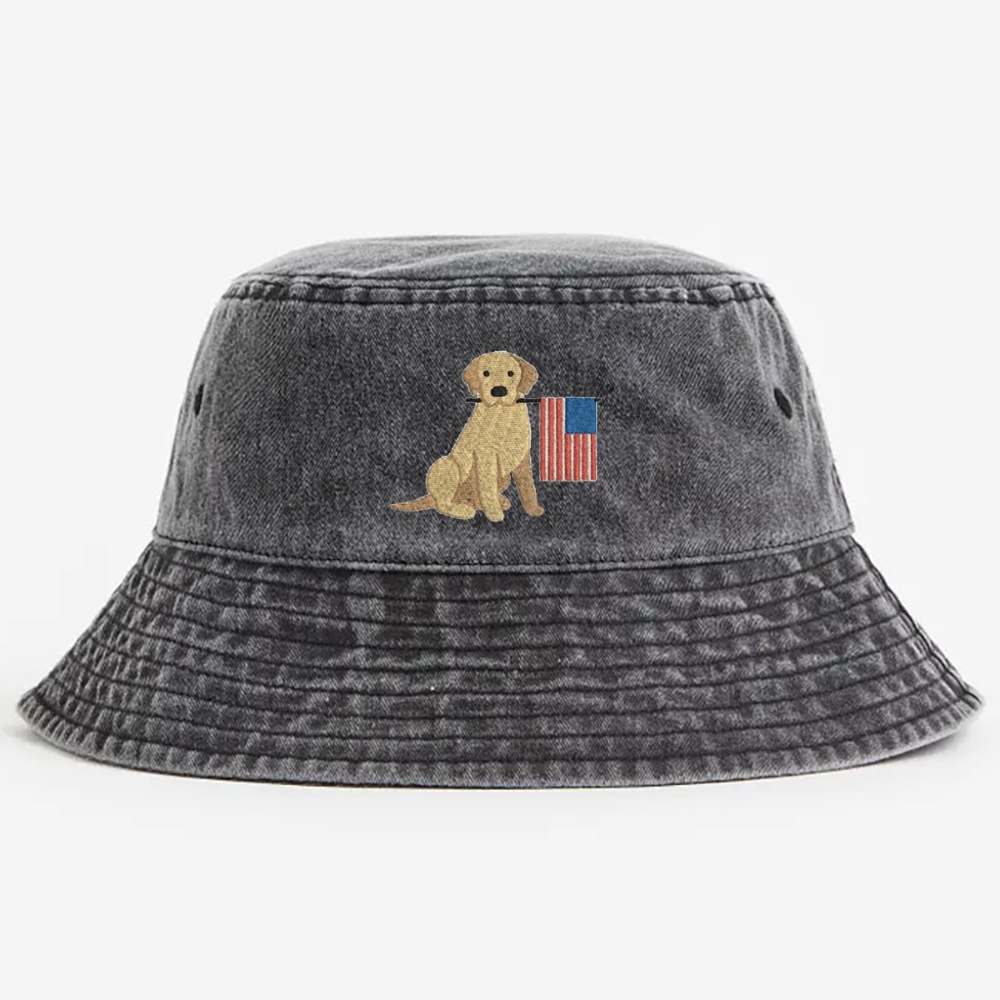 Embroidered American Patriotic DogWashed Bucket Hat 
