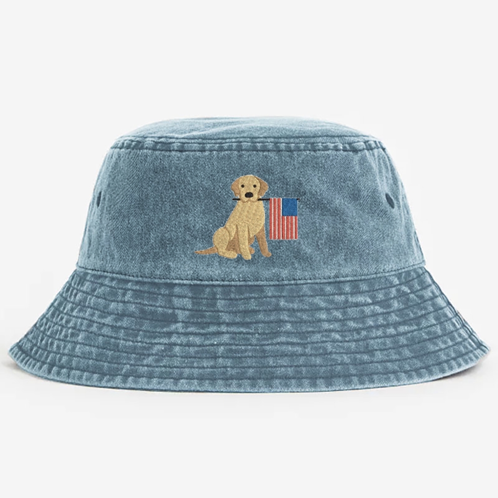 Embroidered American Patriotic DogWashed Bucket Hat 