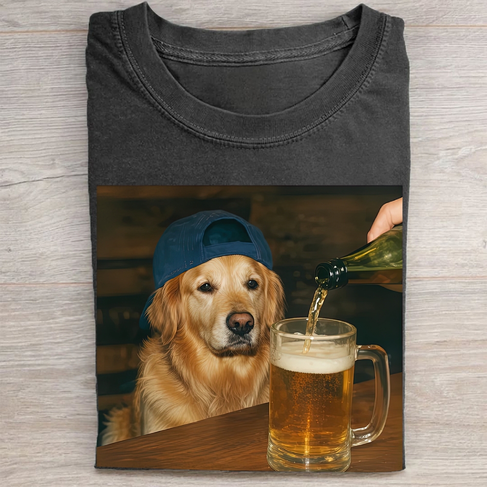 Bar Scene Backwards Cap Dog Pouring Beer Realistic Graphic Vintage Washed Tee