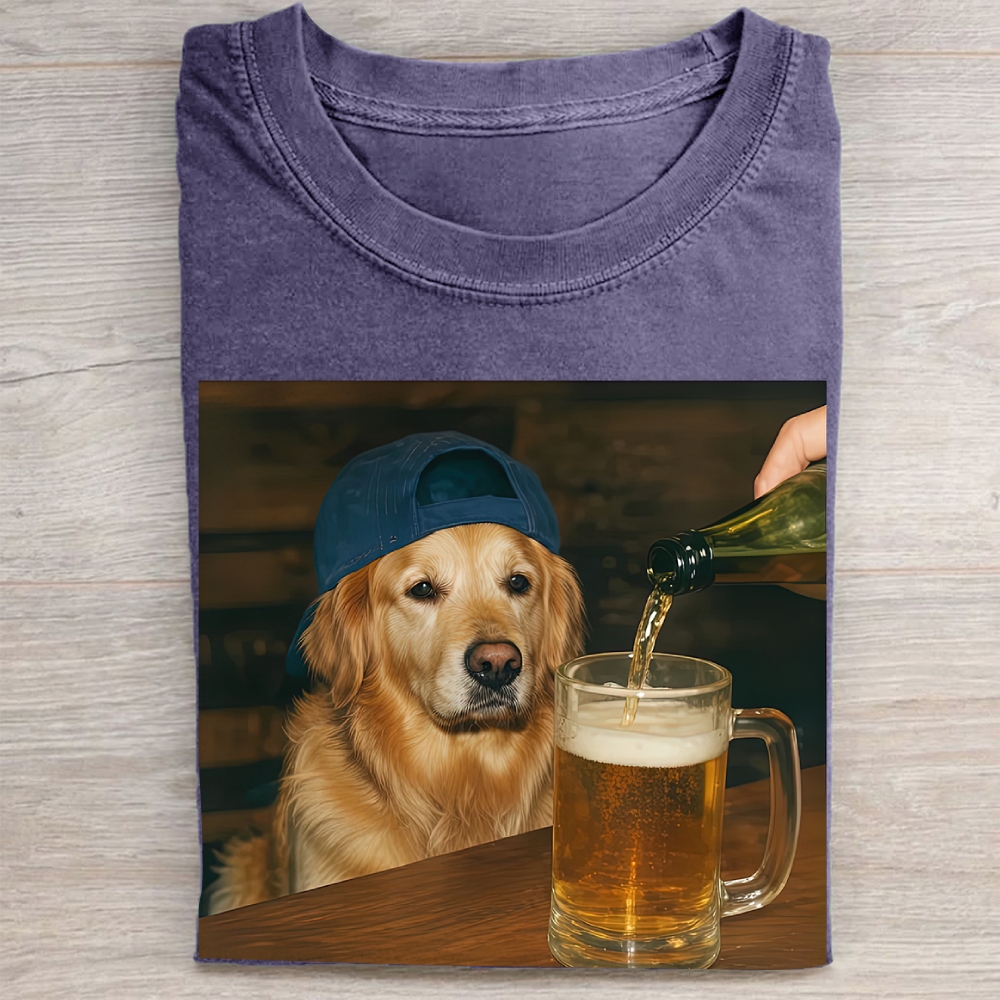 Bar Scene Backwards Cap Dog Pouring Beer Realistic Graphic Vintage Washed Tee