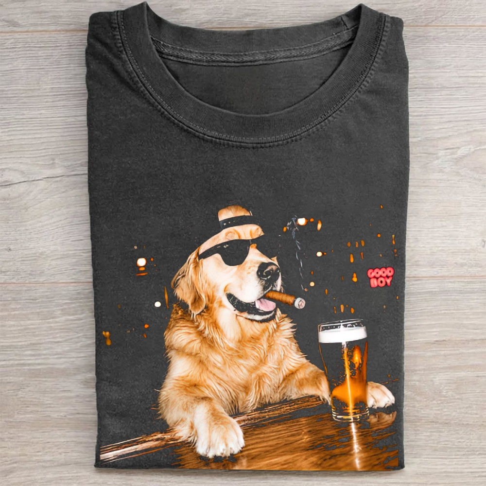 Night Sparkle Cool Sunglasses Cigar Beer Golden Retriever Vintage Washed Tee