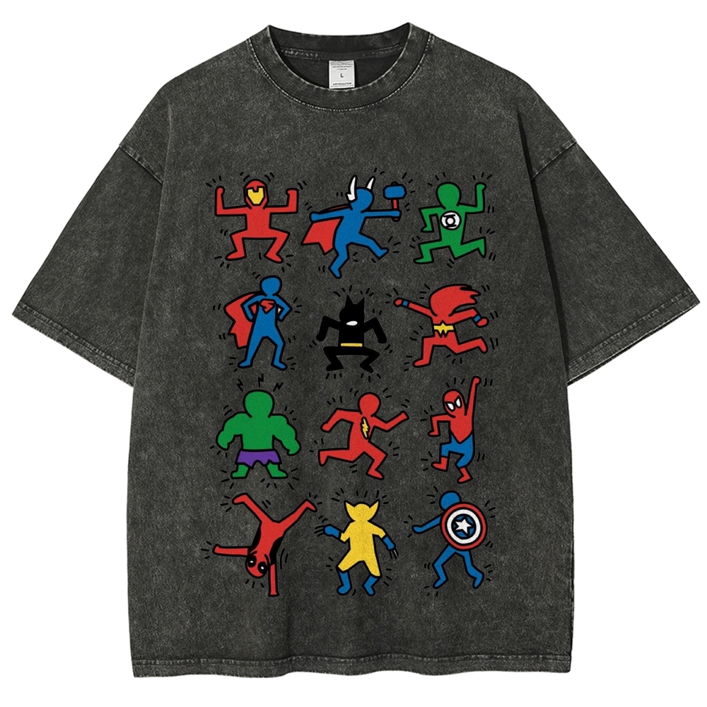 Abstract Graffiti Superhero Figures Print Washed T-Shirt