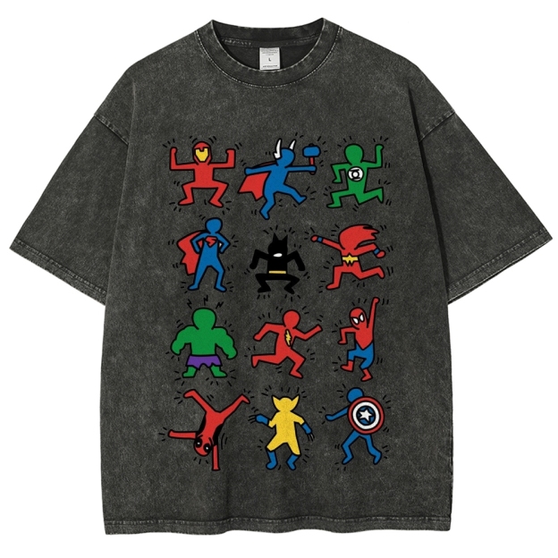 Abstract Graffiti Superhero Figures Print Washed T-Shirt