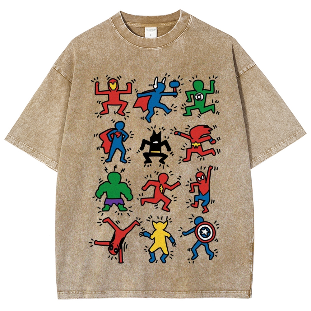 Abstract Graffiti Superhero Figures Print Washed T-Shirt