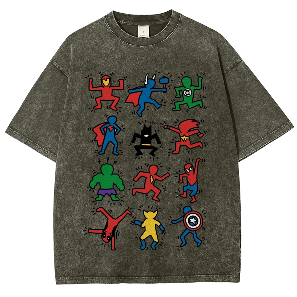 Abstract Graffiti Superhero Figures Print Washed T-Shirt