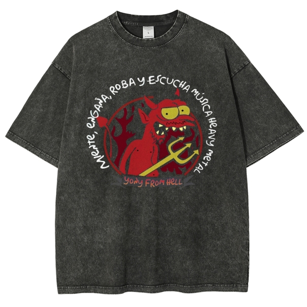 Devil Heavy Metal Slogan Print Washed T-Shirt