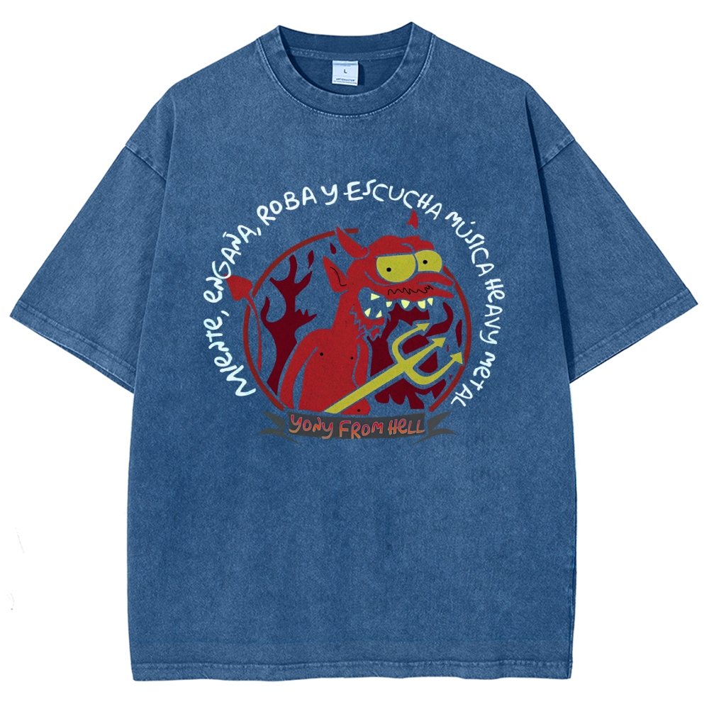 Devil Heavy Metal Slogan Print Washed T-Shirt