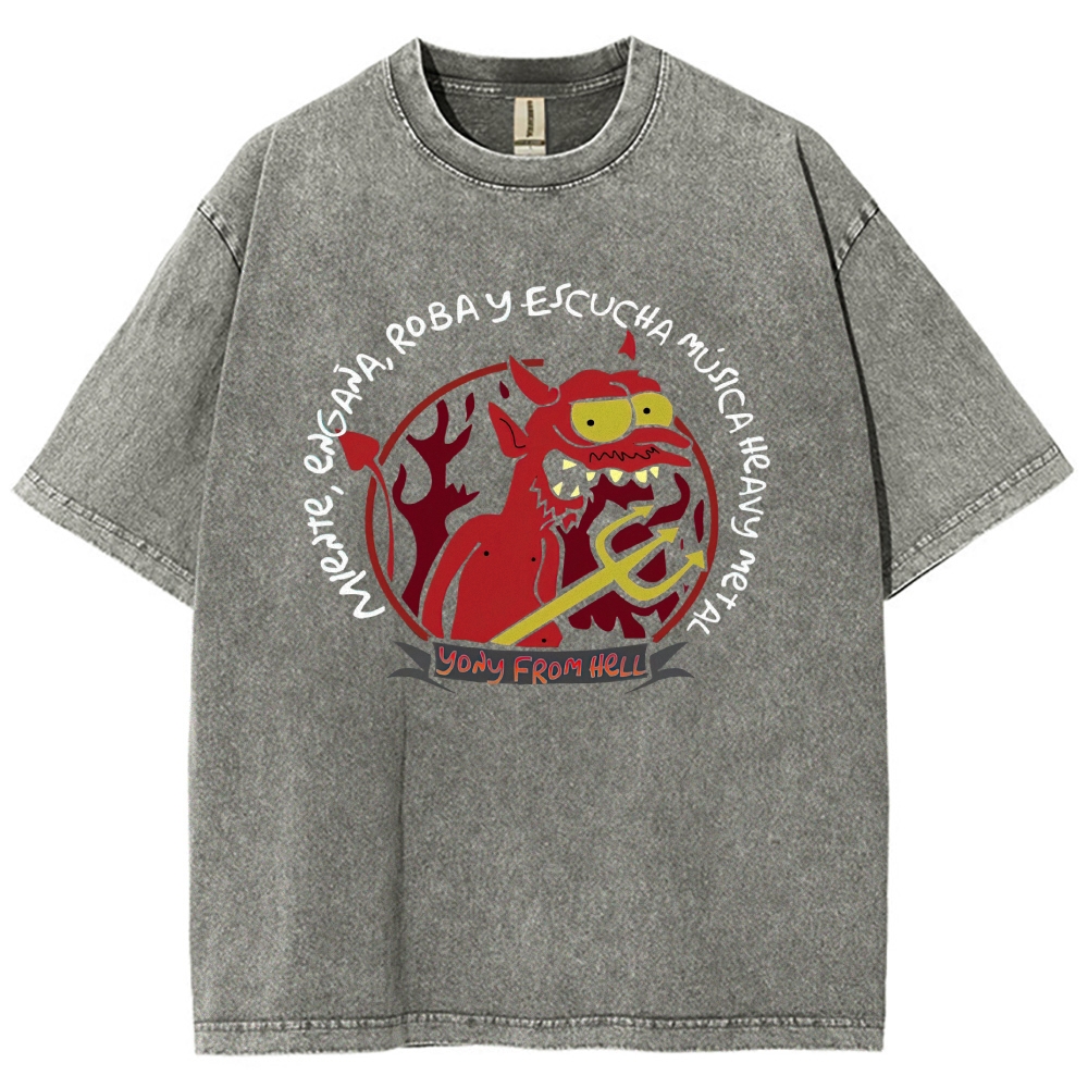 Devil Heavy Metal Slogan Print Washed T-Shirt