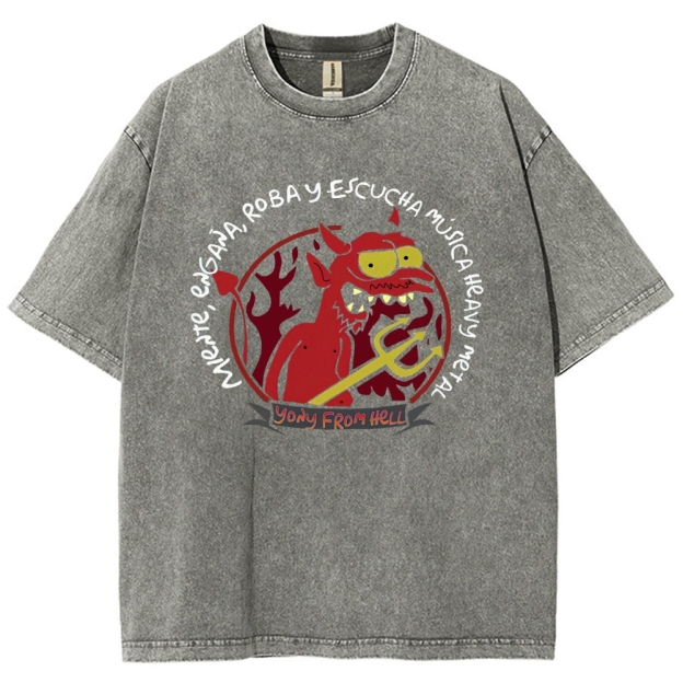 Devil Heavy Metal Slogan Print Washed T-Shirt