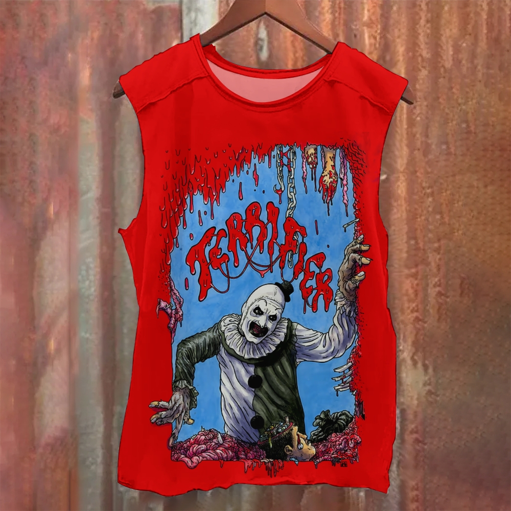Red Vintage Horror Clown Graphic Sleeveless Printed Tank Top