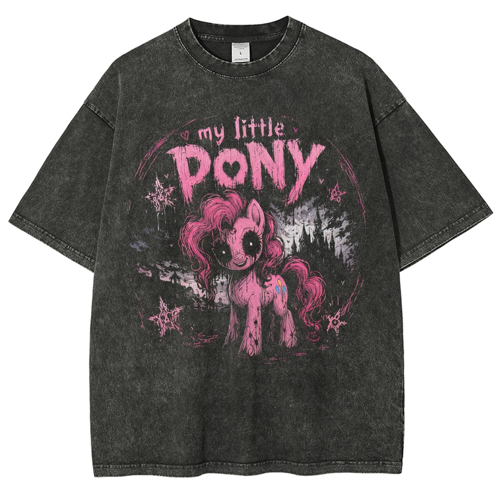 Dark Gothic Pony Graphic Vintage Washed T-Shirt