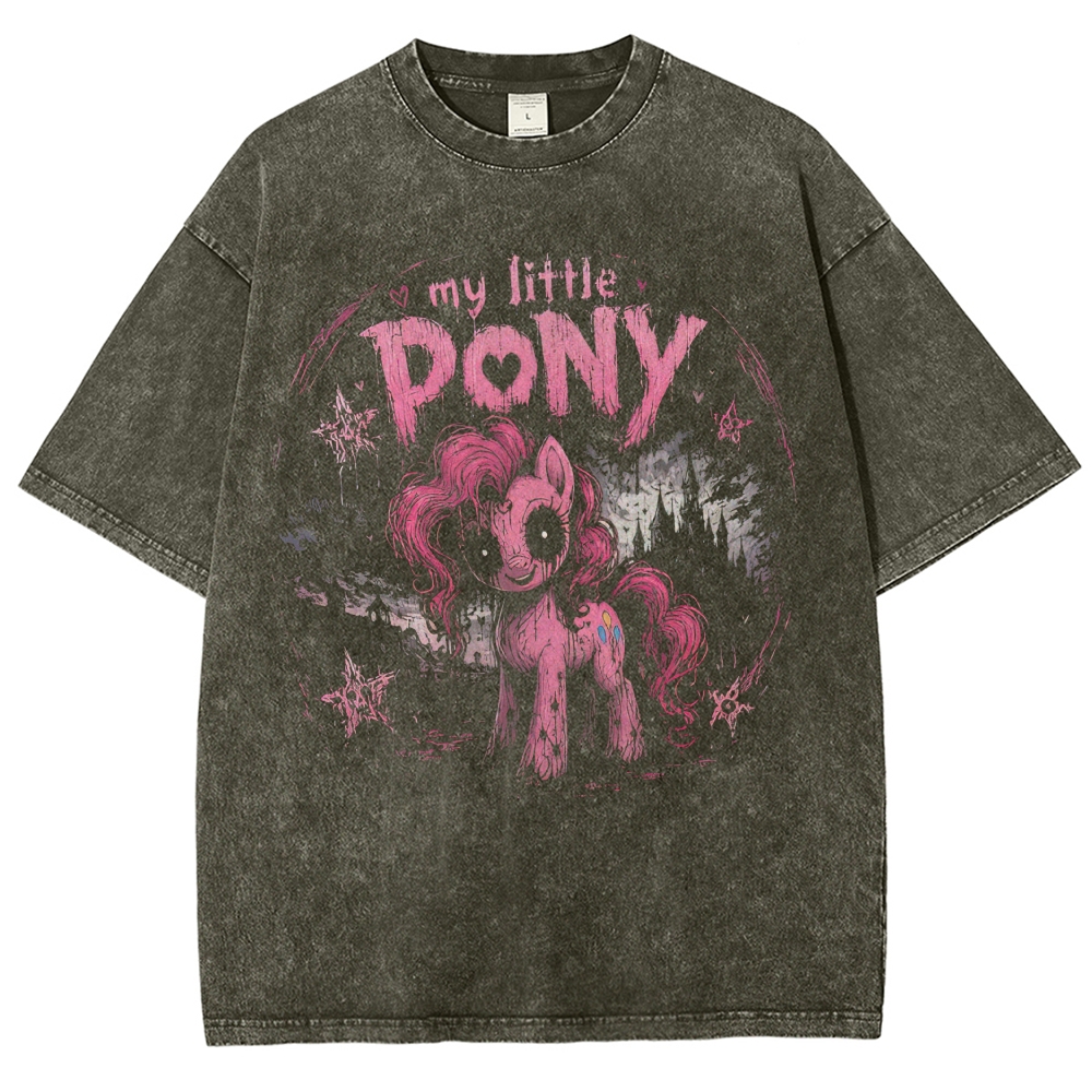 Dark Gothic Pony Graphic Vintage Washed T-Shirt