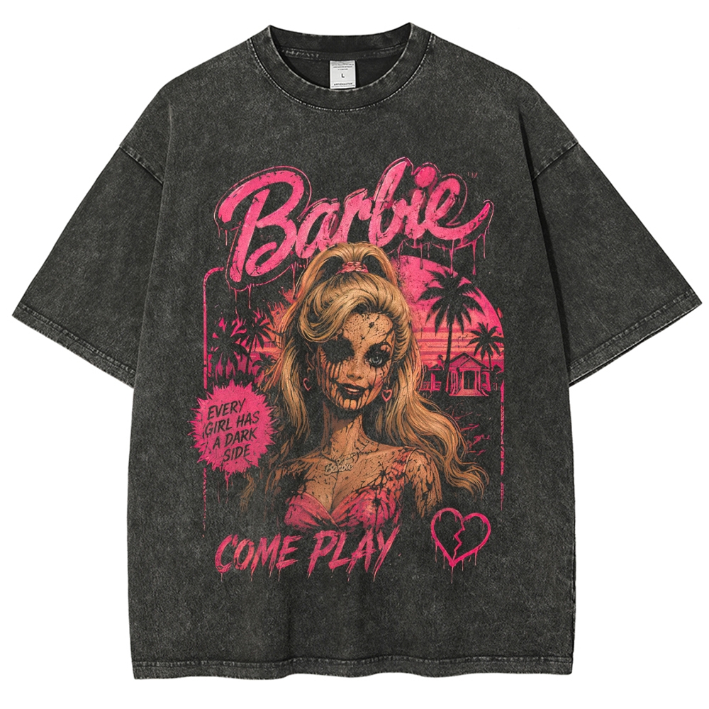 Horror Pink Doll Graphic Vintage Washed T-Shirt