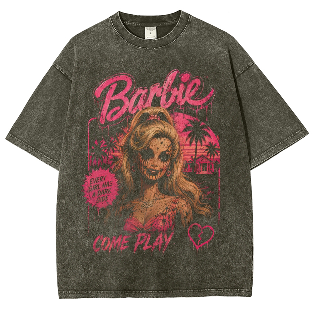 Horror Pink Doll Graphic Vintage Washed T-Shirt