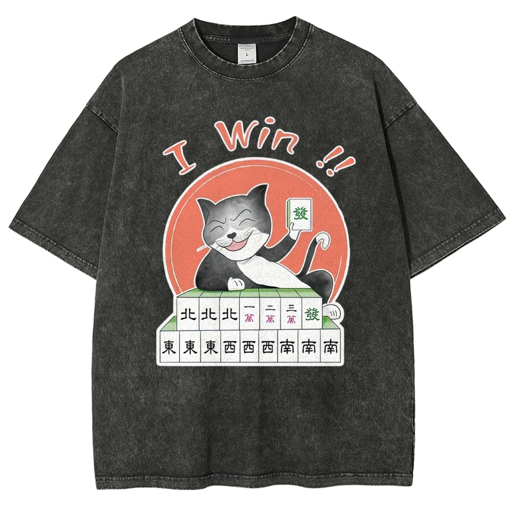 Winning Cat Mahjong Print Washed T-Shirt