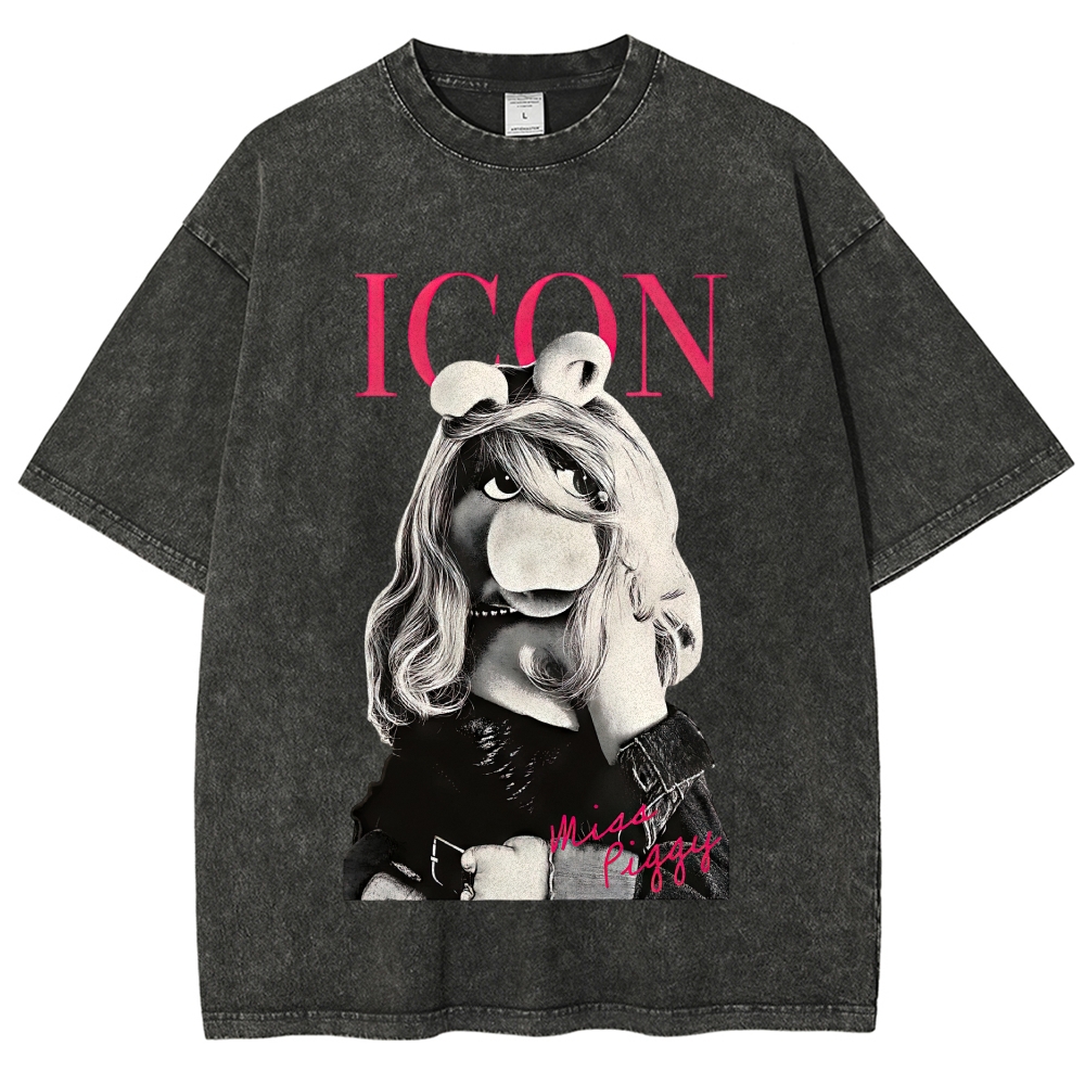 Iconic Pig Puppet Fashion Print Washed T-Shirt