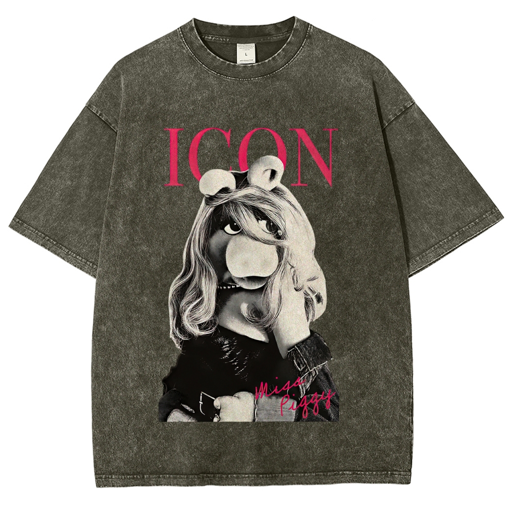 Iconic Pig Puppet Fashion Print Washed T-Shirt