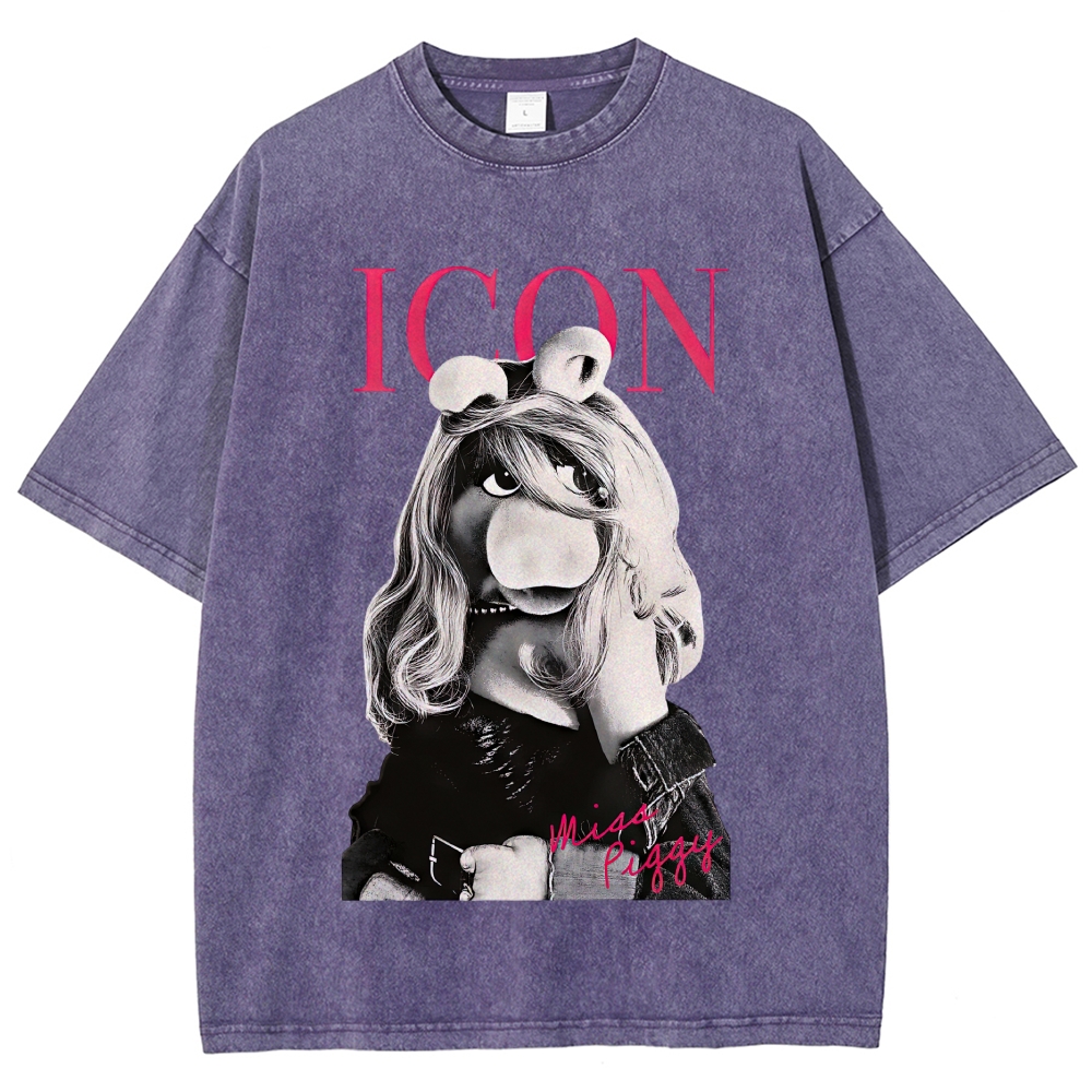 Iconic Pig Puppet Fashion Print Washed T-Shirt