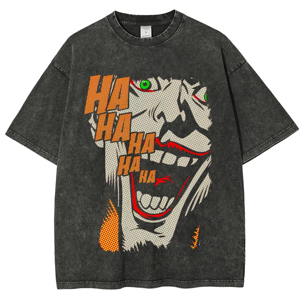 Pop Art Villain Laugh Print Washed T-Shirt