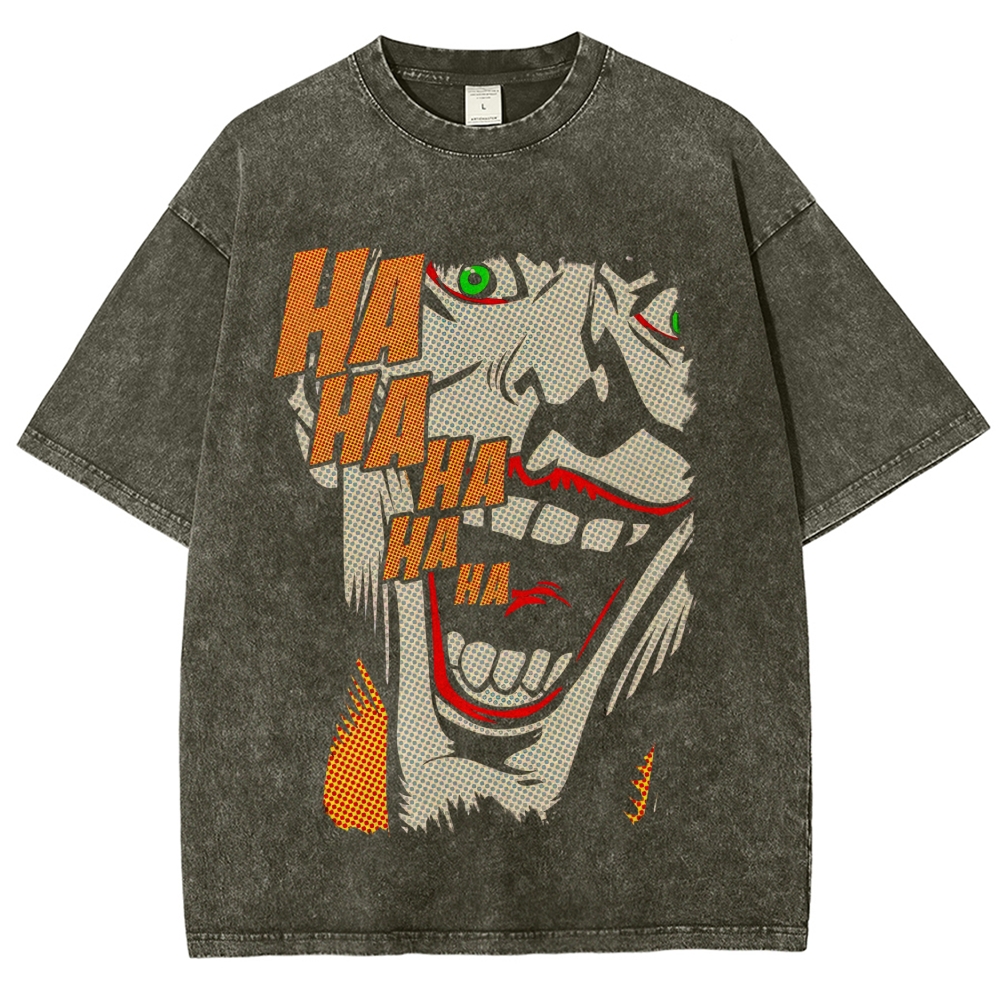 Pop Art Villain Laugh Print Washed T-Shirt
