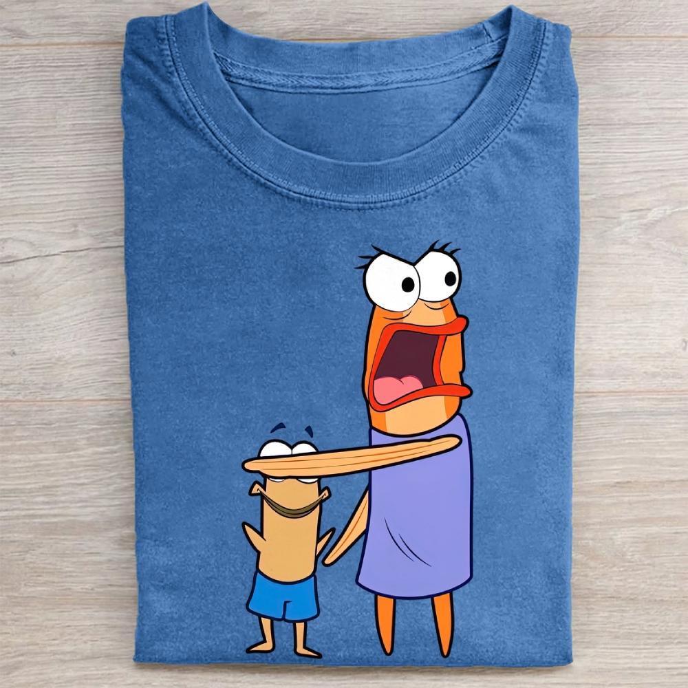 Cartoon Fish Couple Graphic Vintage Washed Tee 